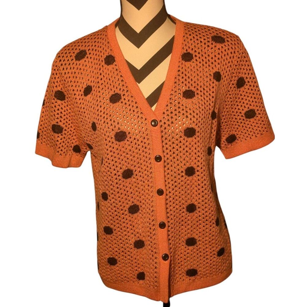 Vintage San Remo M Peach Brown Polka Dot Short Sleeve Cardigan